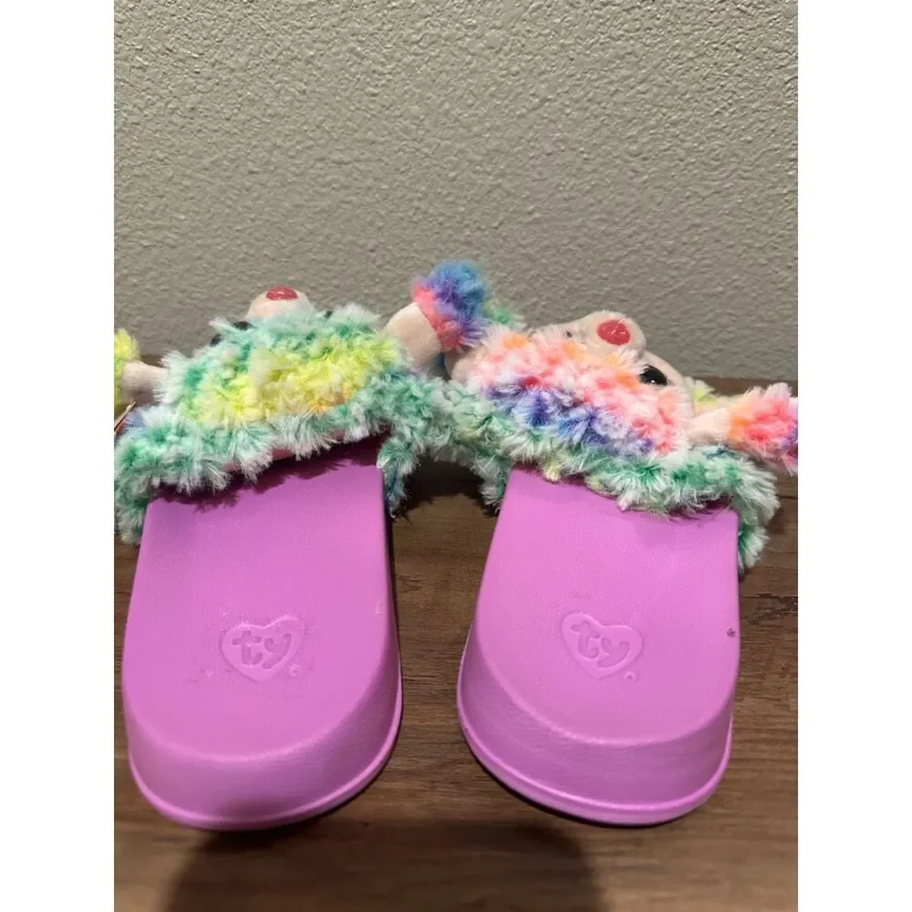TY Beanie Boo Rainbow Plush Slide Sandals Slippers Girls Size 4-6 (EU 37) Pink